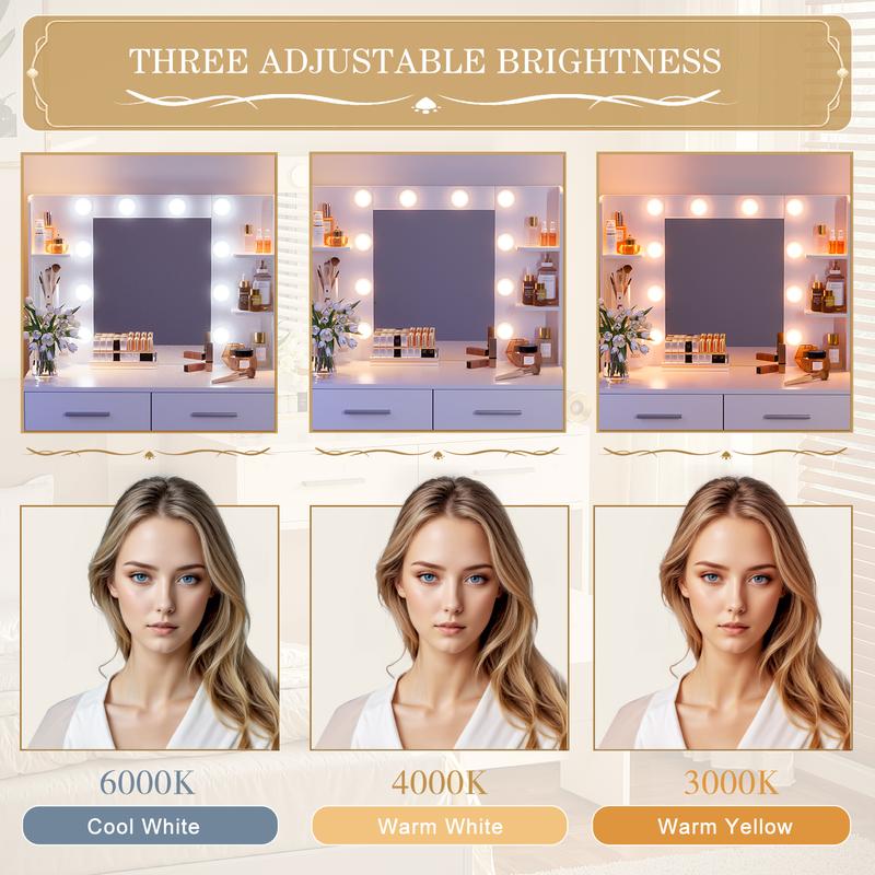 FURMAX Makeup Vanity Set with Lighted Mirror, Makeup Vanity with 2 Drawers, Vanity Desk with Chair for Bedroom & Dressing Room