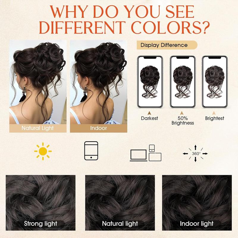 2PCS Large Messy Hair Bun Wavy Curly Scrunchies Synthetic Chignon Ponytail Hair Extensions Thick Updo Hairpieces for Women Girl Party Black