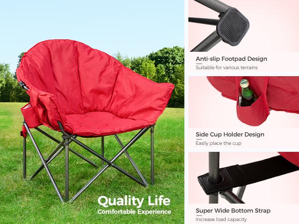 PHI VILLA Heavy-Duty Oversize Camping Chair Round Moon Saucer Chair Padded Folding Chair with Cup Holder and Carry Bag, Red