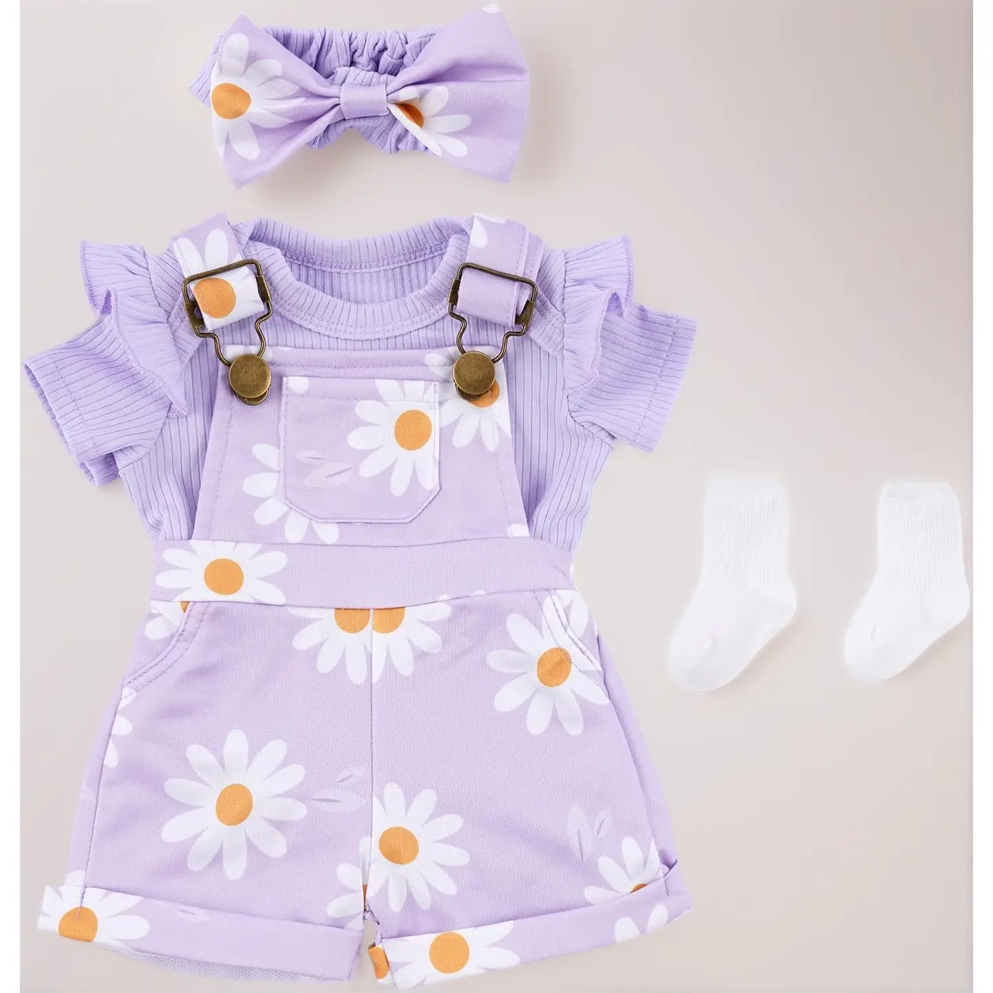 4 Pcs Reborn Baby Doll Clothes for 17-22 Inch , Cute Purple Flower Dolls Overalls Lifelike Reborn Baby Doll Accessories with Headband and Socks for Realistic Dolls Girl
