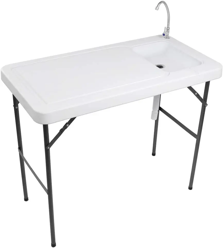 VINGLI Outdoor Folding Fish and Game Cleaning Table w/Sink| Portable & Durable, Standard Garden Connection, Upgraded Drainage Hose, Stainless Steel