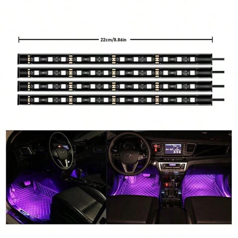 Car LED Strip Lights 4Pcs 48 LED Interior Multicolor Music Car Strip Light Under Dash Lighting Kit with Sound Active Function Remote Controller DC 12V Dual Mode RGB Foot Lights