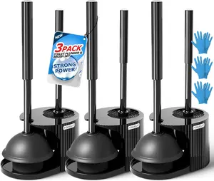 3 Pack Toilet Brush and Plunger Set with Holder, Heavy Duty Bathroom Cleaning Tools, Extended Handle Toilet Plunger & Bowl Brush Combo for Bathroom Cleaning (21 Inch)