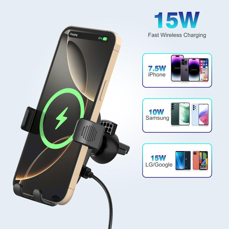 Wireless Car Charger: 15W Fast Charging Phone Holder for iPhone 15 14 13 12 11 Pro Max, Samsung Galaxy S23 S22 S21