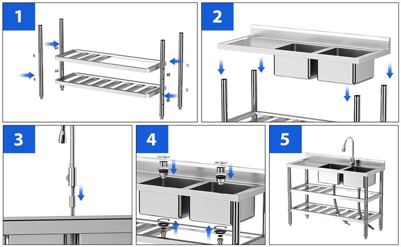 GARVEE Free Standing Commercial Kitchen Sink, Stainless Steel Utility Sink with Hot & Cold Hoses, Stainless Steel Double Bowl Utility Sink Set for Garage, Restaurant, Kitchen, Outdoor