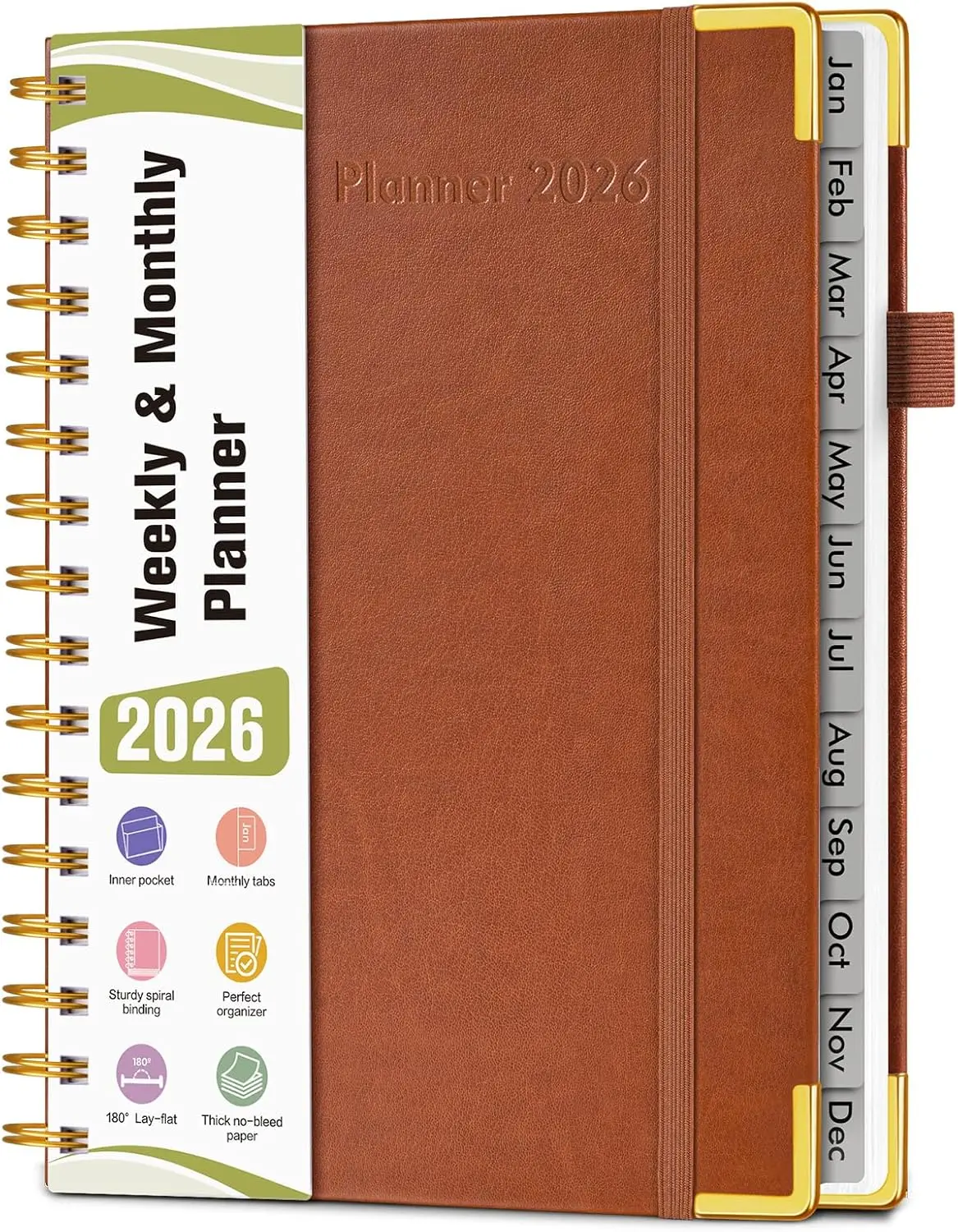 2026 Planner, Hardcover Leather Weekly and Monthly Planner, January 2026 - December 2026, Spiral Yearly Agenda Organizer Book 2026 with Tabs, Daily Calendar Planners for School Work Home, A5 (5.75" x 8.38"),