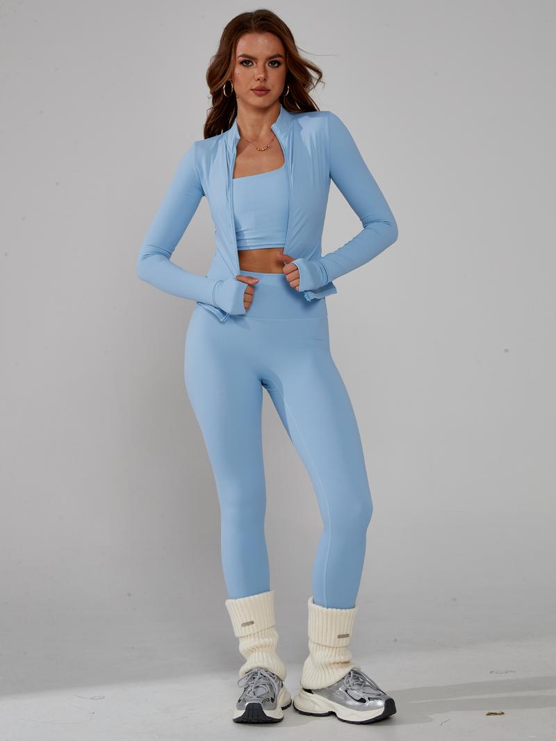 TimeOFF Women's 3-Piece Activewear Set with Stretchy, Body-Hugging Crop Top, Leggings & Jacket – Ideal for Yoga, Workouts & Athleisure Styles stylish