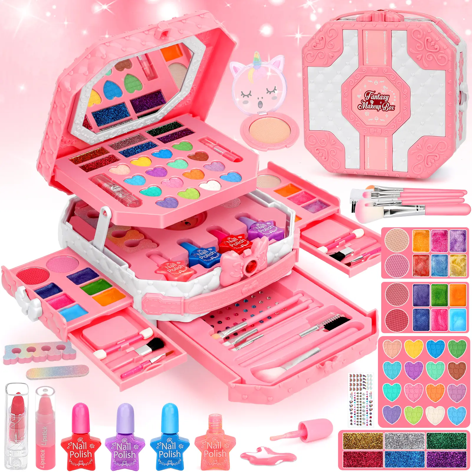 63 Pcs Kids Washable Makeup Kit, Non-Toxic Real Makeup Set for Little Girls, Safe Pretend Play Cosmetics Toddler Princess Dress Up Toys Birthday Gifts for 3-12 Year Old
