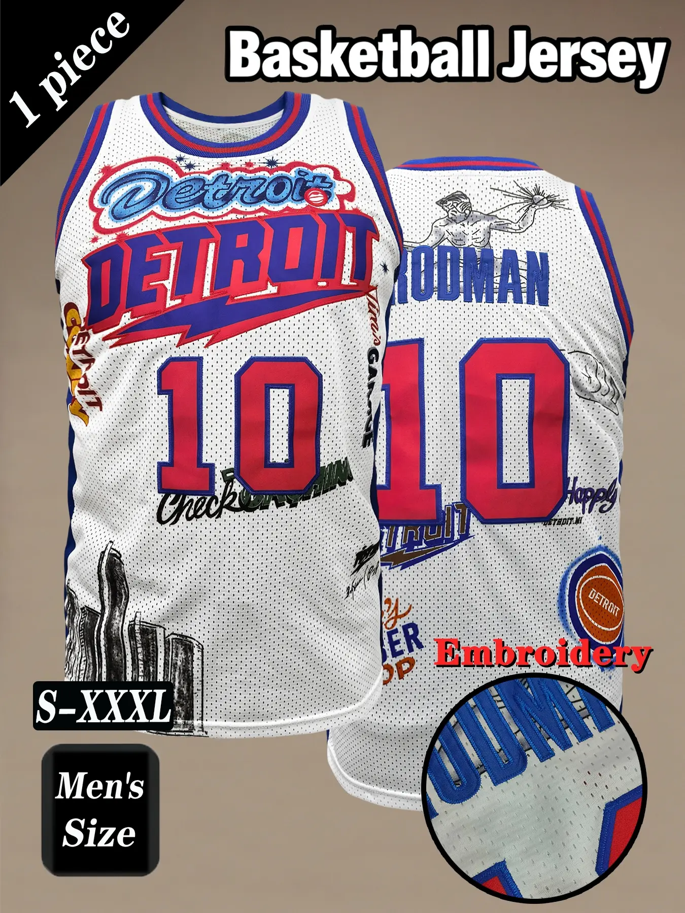 Men's # 10 White Retro Basketball jersey, Classic Detroit Print+Embroidered Jerseys Sportswear, Loose Breathable and Comfortable Sleeveless Tank Top, Unisex Suitable for Daily Outdoor Activities, Competitions, Training, Running and Exercise, Workout Tops