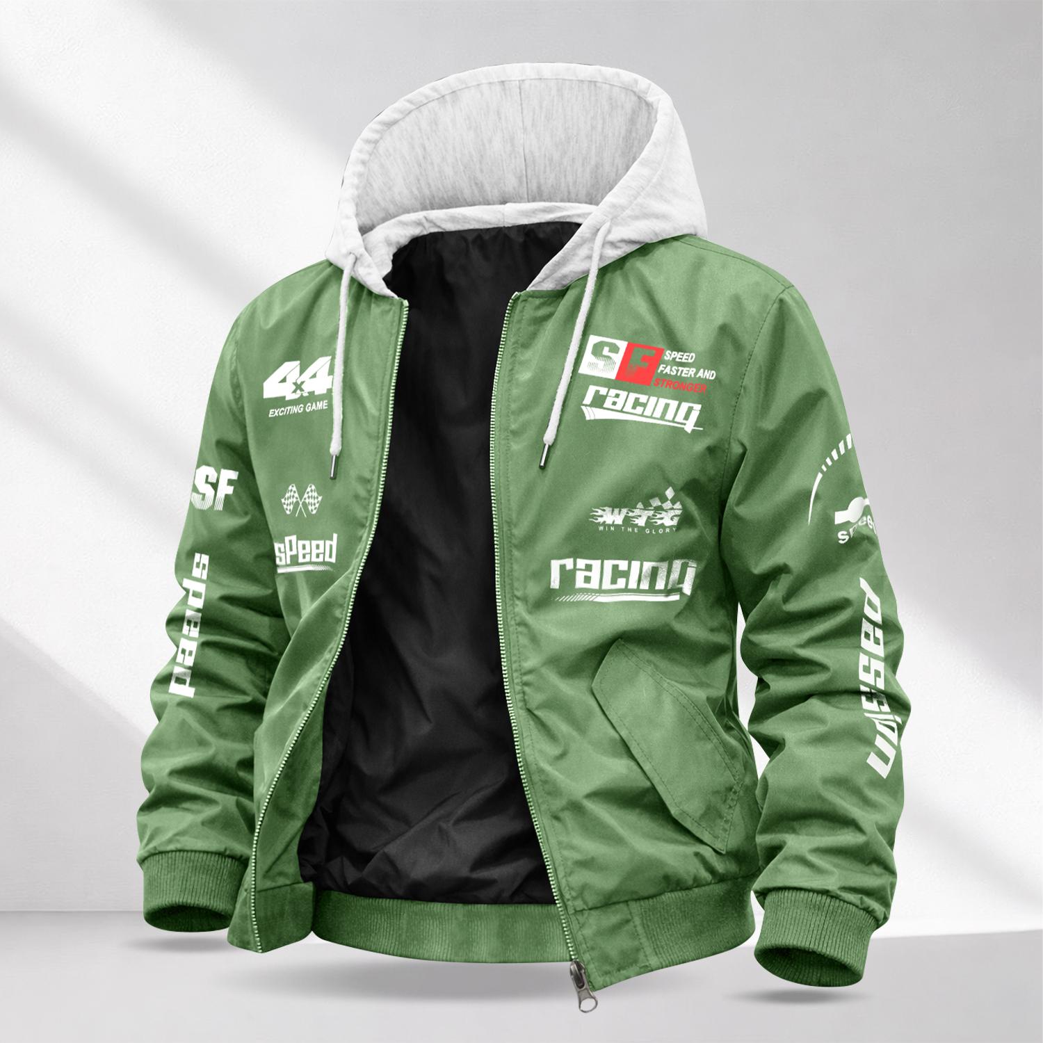 Men’s Letter Print Casual Jacket — Drapey, Wrinkle-Resistant fabric ; Color-Blocked Design with Hood and Drawstring; Retro Racing Style; Perfect for Going Out, Commuting, and Dates; A Stylish, Versatile Outerwear Piece