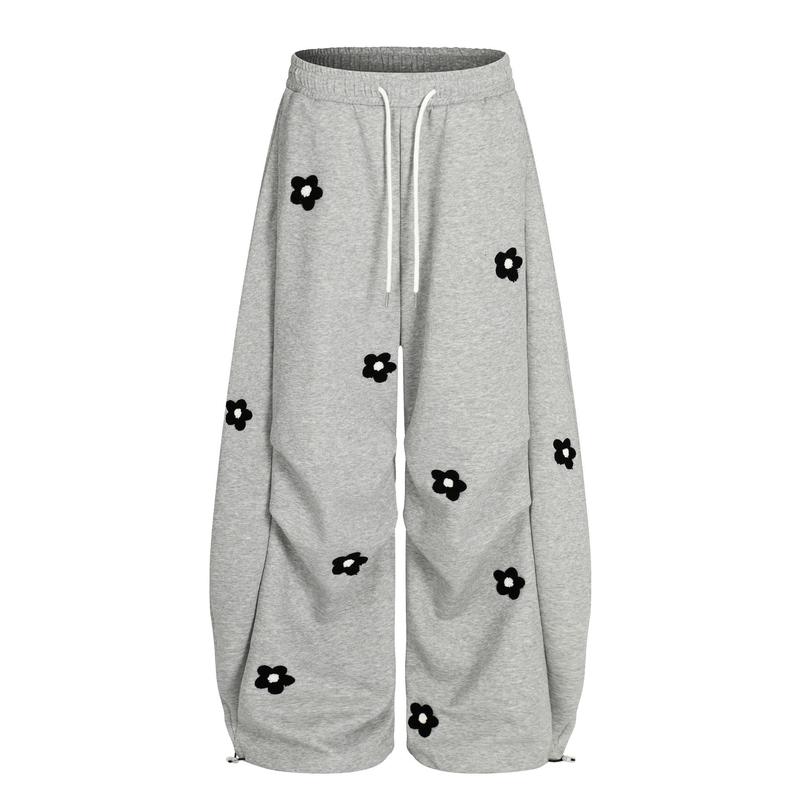 TELLFUN 2026 Unisex Floral Embroidery Baggy Barrel Sweatpants Elastic Waist Drawstring Casual Y2K Streetwear Loose Fit Vintage Joggers