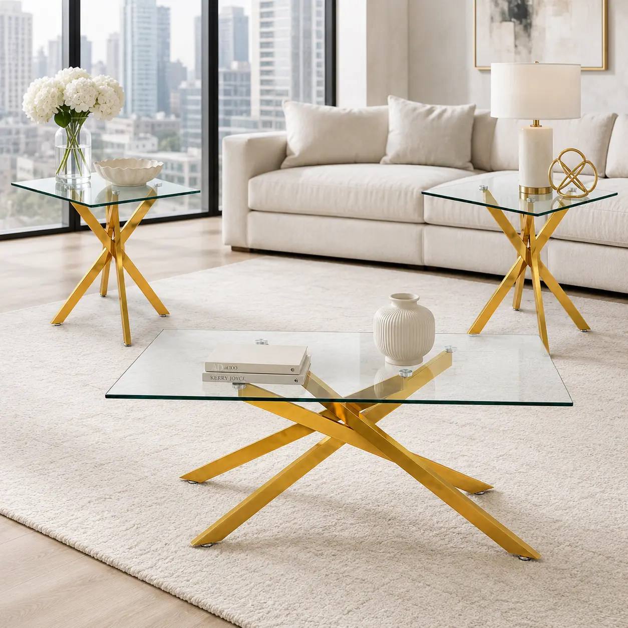 3-Piece Tempered Glass Indoor Furniture Set, Modern Waterproof Rectangle Coffee Table & 2 Square End Side Tables with Golden Metal Frame, Minimalist Pick for Small Space Apartments