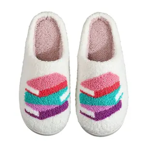 Cozy Women’s Book Stack Slippers with Soft Faux Fur, Cute Preppy Non-Slip House Shoes for Indoor & Outdoor, Perfect for Girls