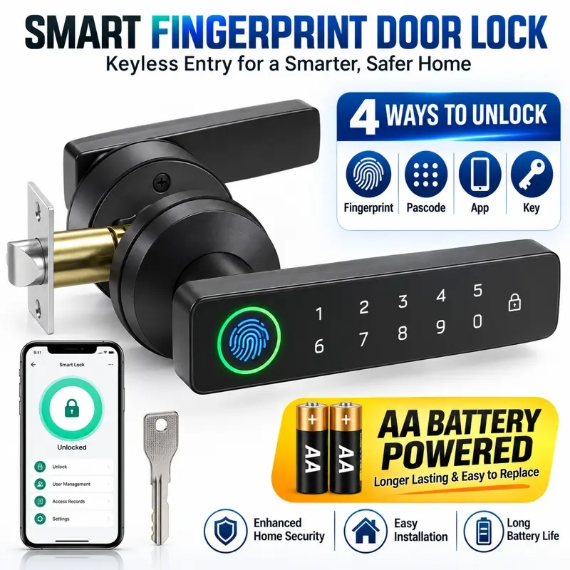 Biometric Technology Smart Fingerprint Door Lock with Keypad Passcode, App Control, Physical Key, Reversible Lever, AA Battery Power, Knockers, Cells - Bio + Keypad Keyless Entry Handle for Bedrooms Hotels, Office