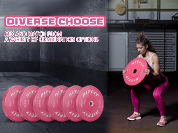 RitFit Pink Weight Plates Olympic Bumper Plates Weight Plates Fit 2" Barbells fitness exercise barbell weight