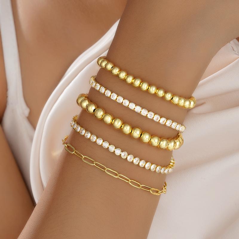 17KM 5PCS 16K Gold Plated Women's Bracelet Set with Sparkling Zircons Trendy Stackable Beaded & Chain Bracelets Non-Tarnish Jewelry for Gifts