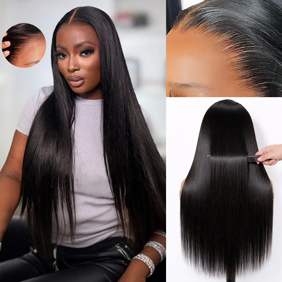 Semuer Buss Down Straight Wig 13x6 HD Lace Front Wigs Human Hair Pre Plucked Pre Bleached Pre Cut Glueless Wig Human Hair Straight Upgrade Invisible Drawstring Wig with Tapes 200 Density Ear-to-Ear Frontal Wigs for Women