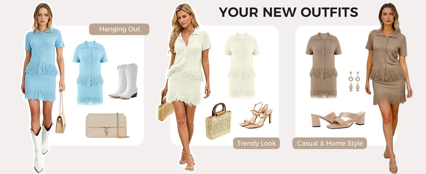 Fisoew Womens 2 Piece Crochet Outfits Short Sleeve Button Knit Sweater Tops Fringe Skirt Summer Vacation Sets Beach Cover Ups
