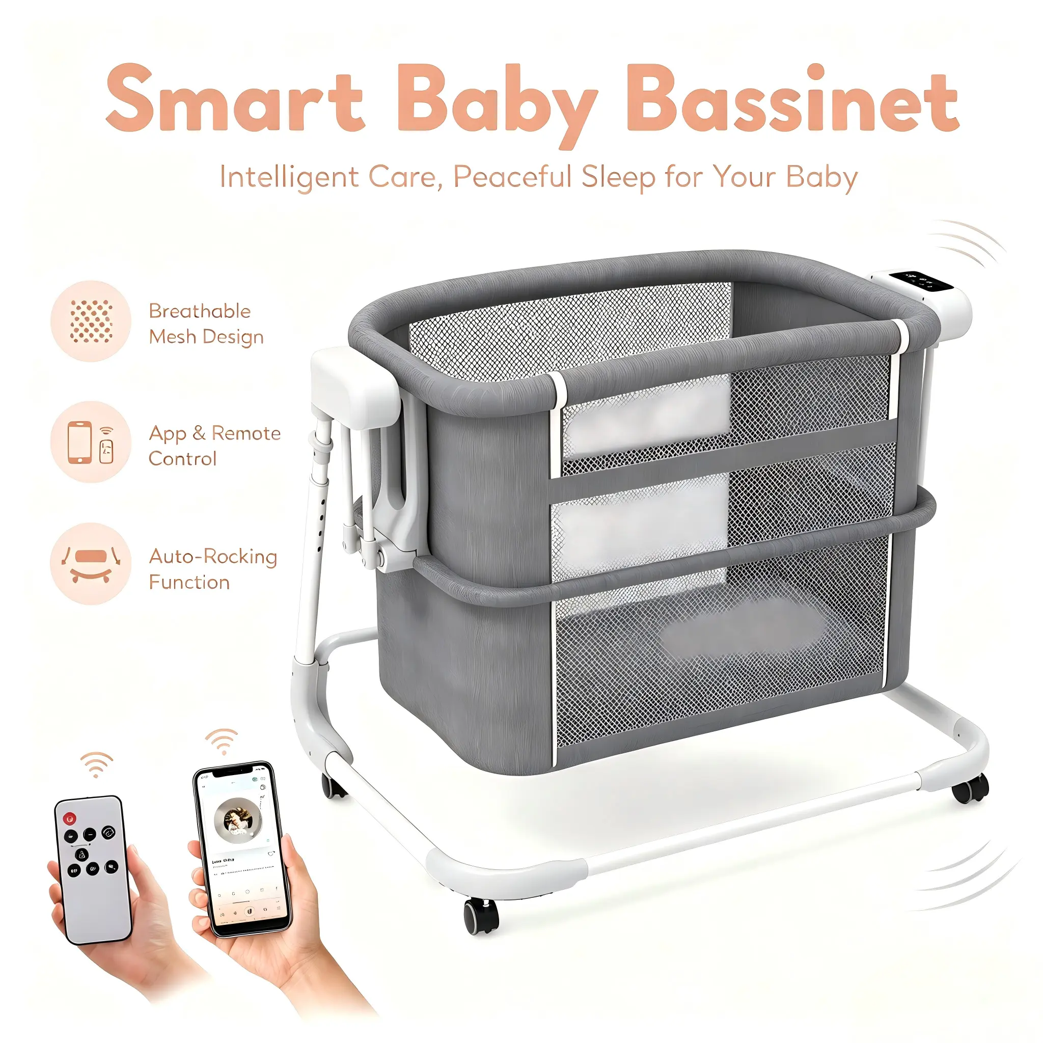 Electric Rocking Bassinet for Baby,  Bedside Bassinet with 5-Speed Horizontal Swing, 4 Height Adjustments, Remote Control, 12 Lullabies, Timer, Portable Newborn Bed