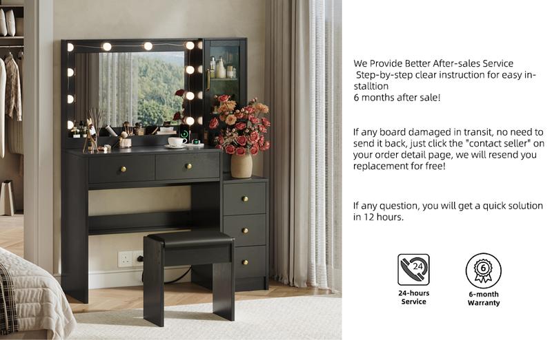 TOKSOM Vanity Desk with Mirror and Replaceable Lamp with 5 Storage Drawers Power Outlet & Chair with RGB Ambient Light Adjustable Brightness for Girls Bedroom Large Corner Desk Vanity Makeup Vanity Desk White Black Valentine's Day Gifts for Women Girls2/3