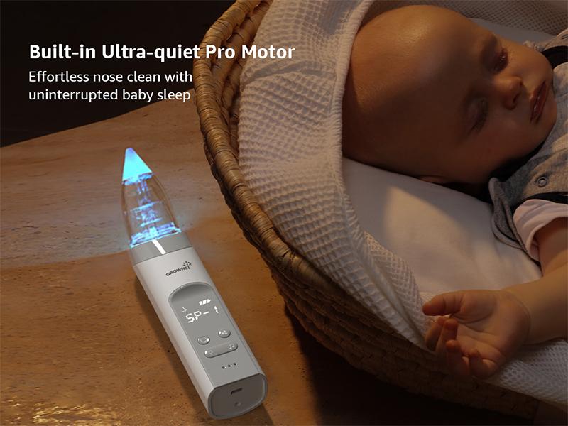 Growsy Electric Nasal Aspirator for Babies  Toddlers Gentle Nose Sucker with 3 Soft Silicone Tips Adjustable Suction Soothing Music & Light Safe Easy Automatic Mucus Removal Doctor Recommended