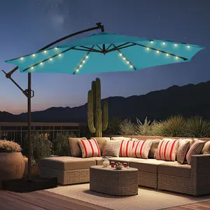 10ft Offset Patio Umbrella with Base & Solar LED Lights, Easy Tilt and Crank Cantilever Umbrella, UPF50+ UV Protected Shade for Backyard, Poolside, Garden – Heavy Duty & Stable
