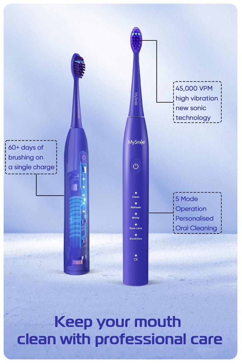 MySmile Essential Sonic Electric Toothbrush - 45,000 VPM Motor, 5 Modes & 3 Brush Heads