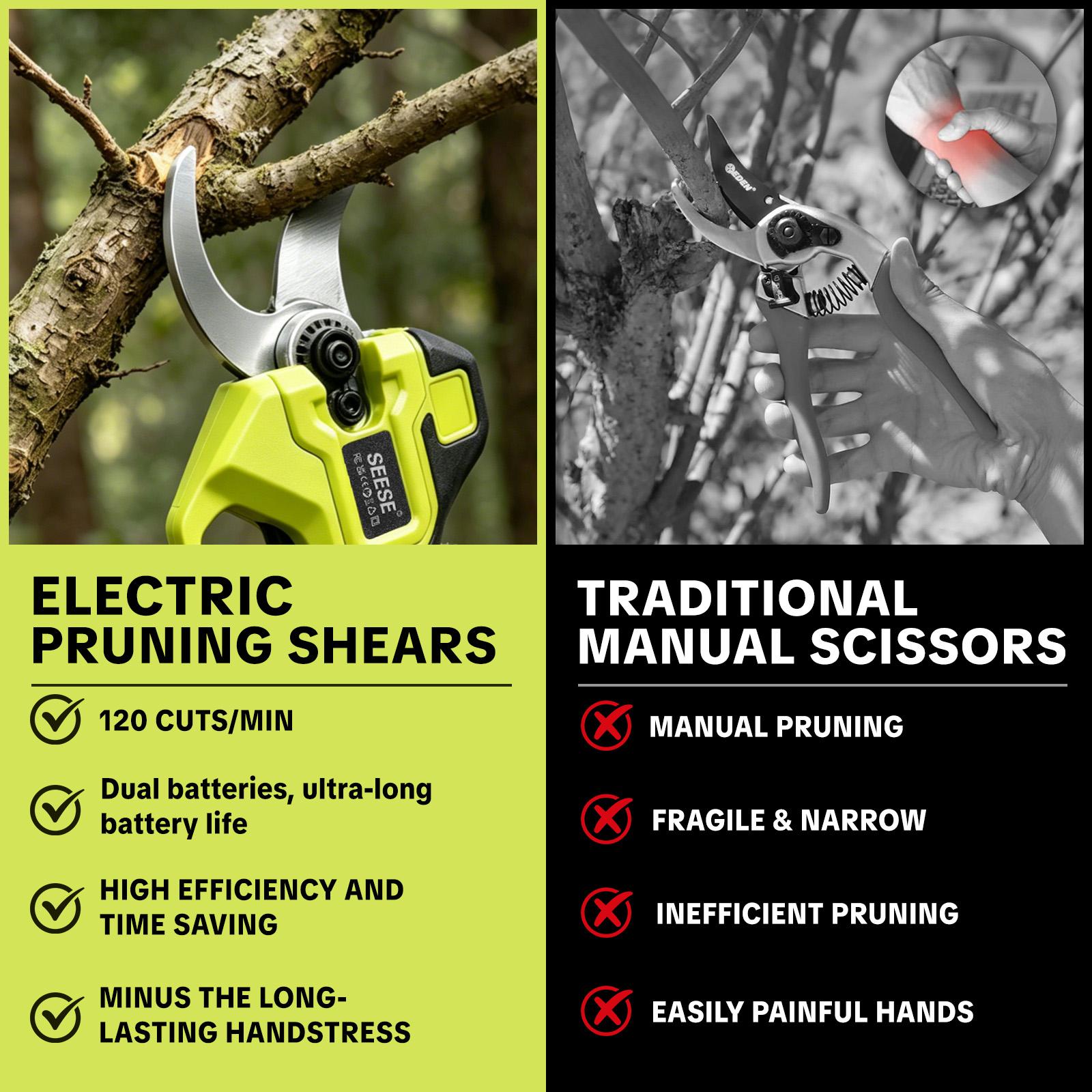 SEESE Electric Pruning Shears for Gardening: 1.25" Cutting Cordless Power Pruner, Brushless Motor, Dual21V Battery For Tree & FlowerTrimming