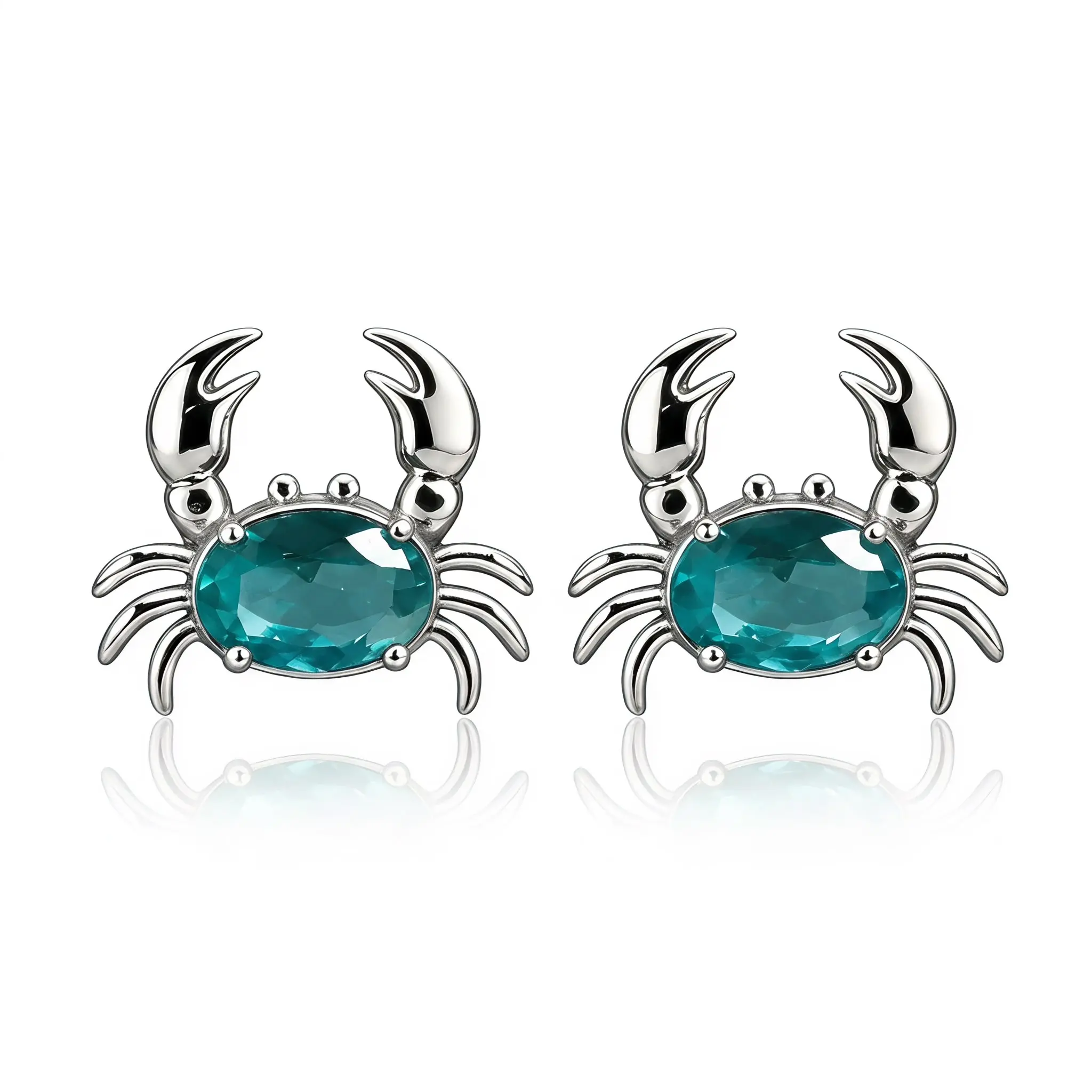 Women's Sparkling Teal Crystal Crab Stud Earrings - Alloy, Cancer Zodiac, Ocean-Inspired Crab Design, Daily Wear Summer Gifts, Cute Cancer Zodiac, Unisex, Coastal Earrings, A Pair-Crab