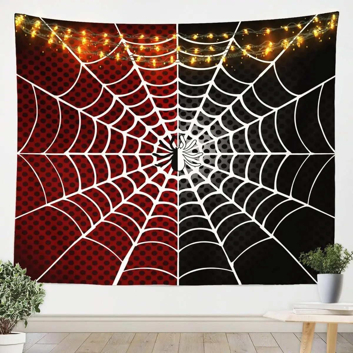 Spider Tapestry White Spider Web Black Dots Wall Hanging Adults Room Decor,Red and Black Wall Blanket Tapestries
