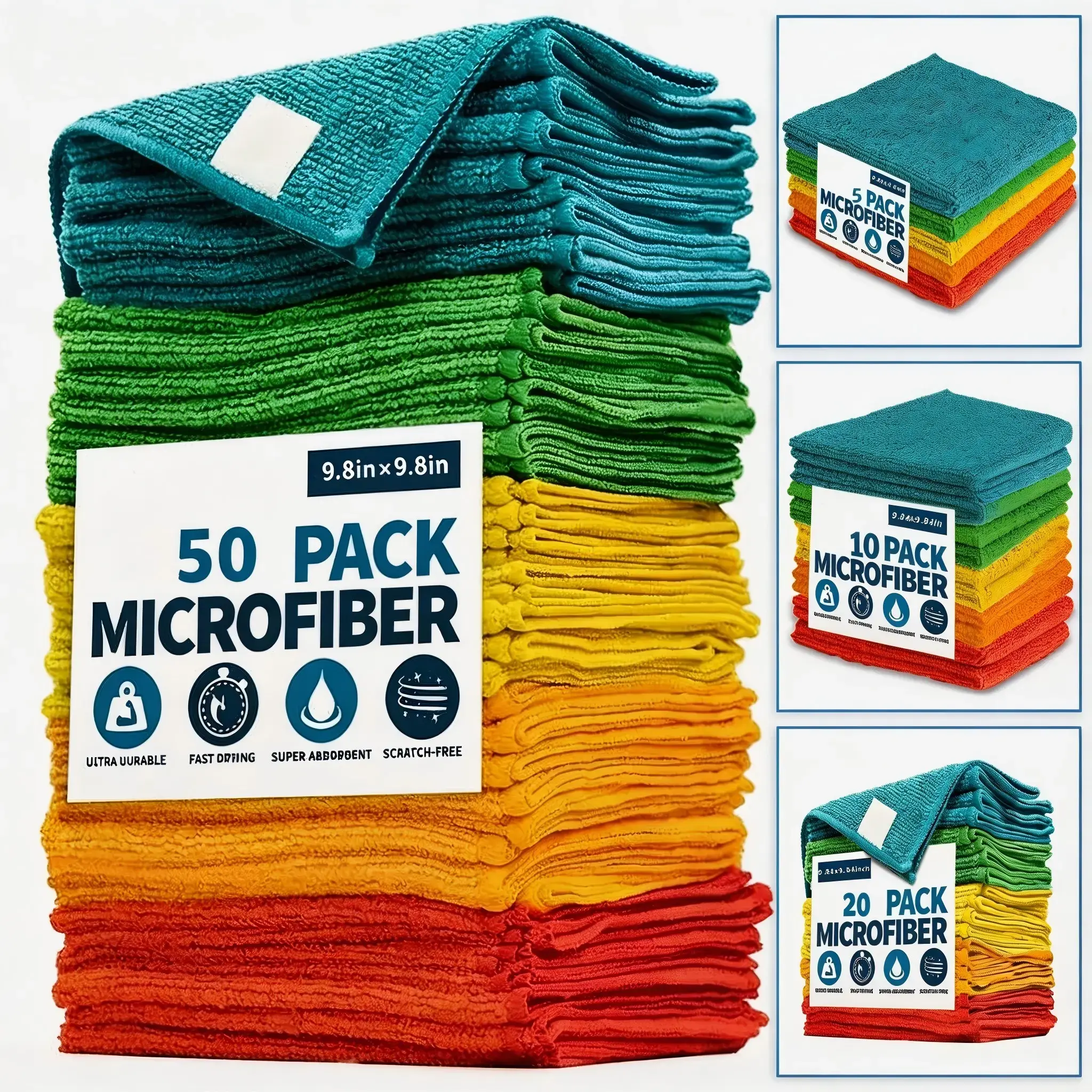 Microfiber Nylon Wiping Cloths, Multi-Color Pack (5/10/20/50pcs, 9.84x9.84in) - Soft, Absorbent, Quick-Dry, Scratch-Free, Durable for Kitchen, Bath Indoor Surfaces Daily Cleaning
