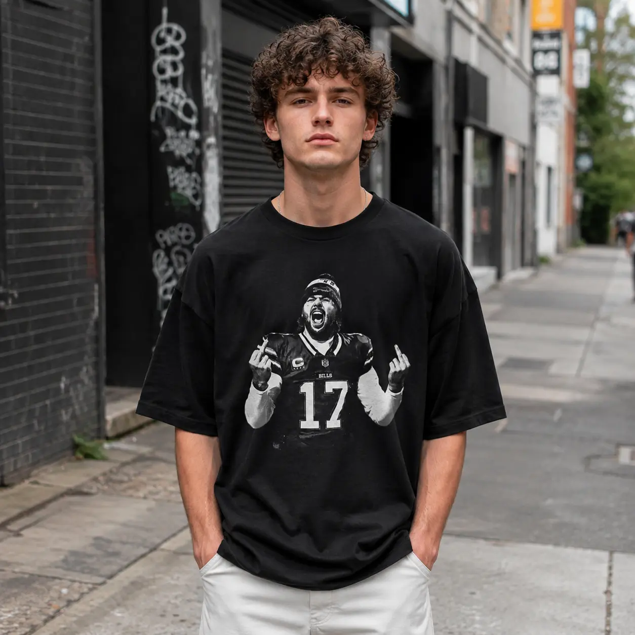 Josh Allen Buffalo Bills Middle Finger T-Shirt, Black and White Football Graphic Tee, Bold Vintage Quarterback Fan Shirt, Game Day Gift for NFL Supporters