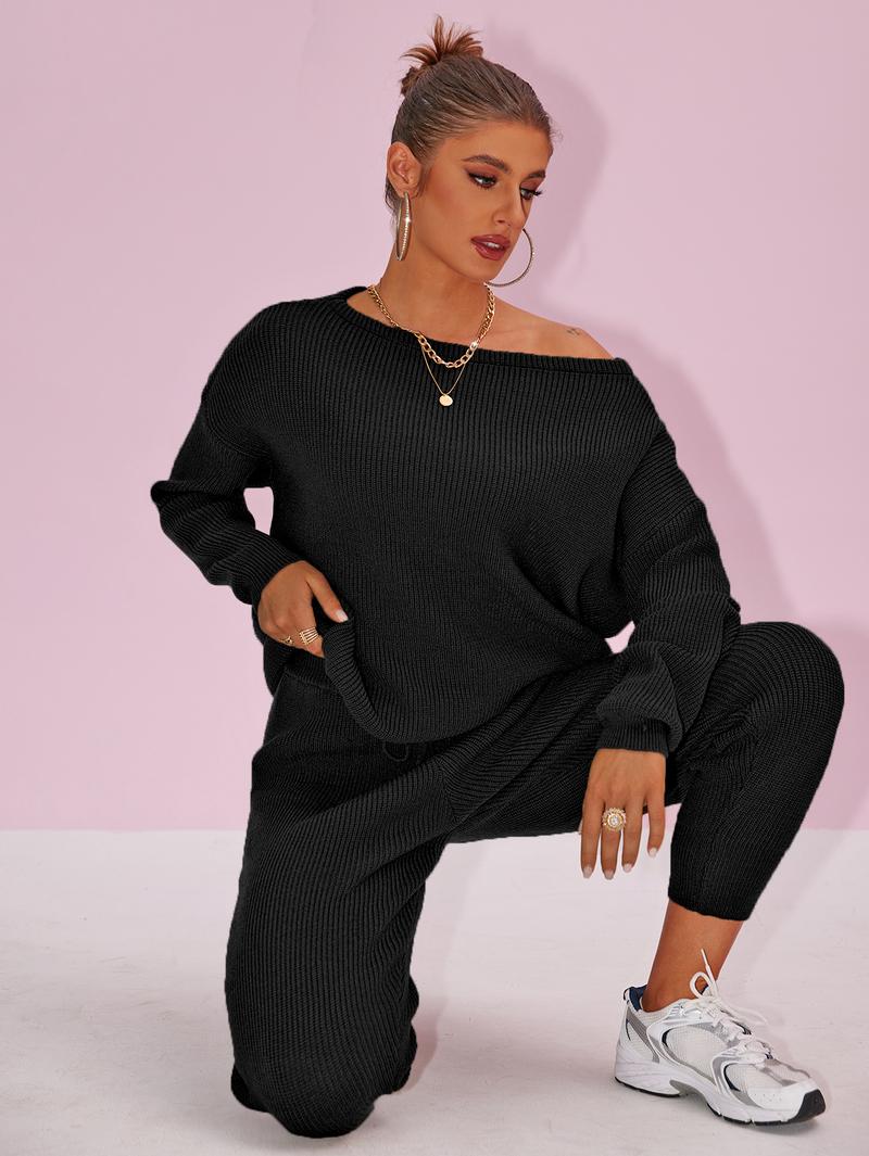 Joyfunear 2pc Set Top & Bottoms - Minimalist Crew Neck Long Sleeve Fitted Black Casual Basic Suits for Women