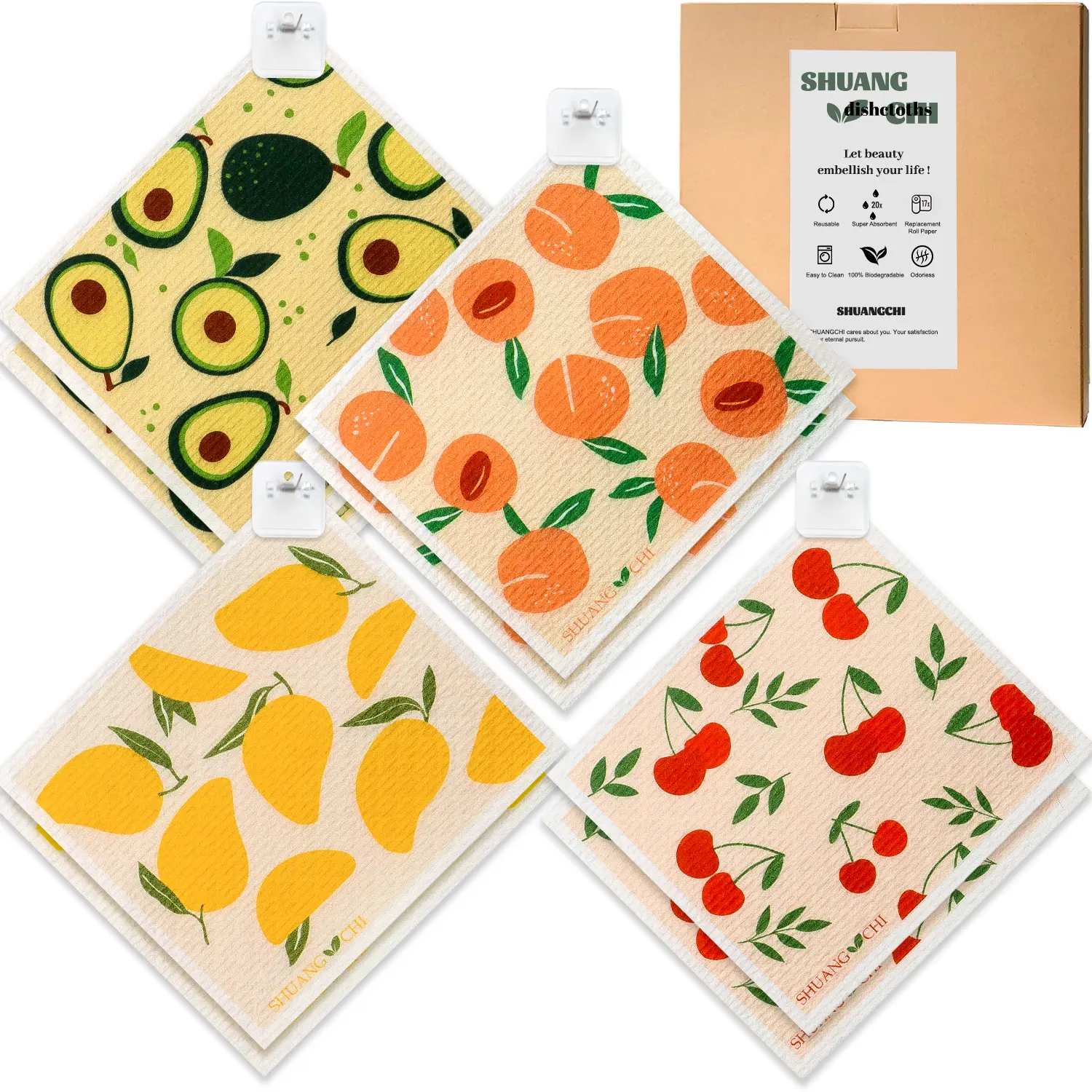 SHUANG Swedish Kitchen All Purpose Cleaning Cloths, 4/8 Pack Set with 4 Clips, Super Absorbent, Washable, Biodegradable, Quick Drying, Dishwasher Safe Soft Microfiber Towels, Bright Fruit Patterns Cheer, Durable for Long Use