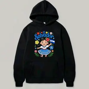 T-Shirt Hoodie Featuring El Salvador Flag and Floral Traditional Motifs Made In USA For Women For Men [Lolly & Lace 180G/230G 100% cotton short-sleeve/hoodie, soft and comfortable]