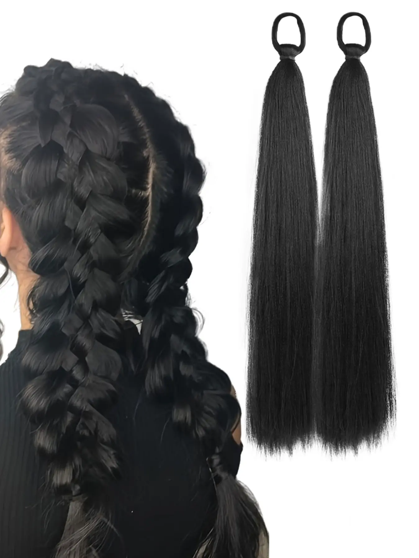 2 Piece Long Straight Ponytail Extensions with Elastic Band, Fake Ponytail, Synthetic Extensions, Fiber Extensions, Braiding Hair, Soft Hairpieces, DIY Braided Hairpiece, Loop Braid, Braids Ponytail Extension, Suitable for Women Girls