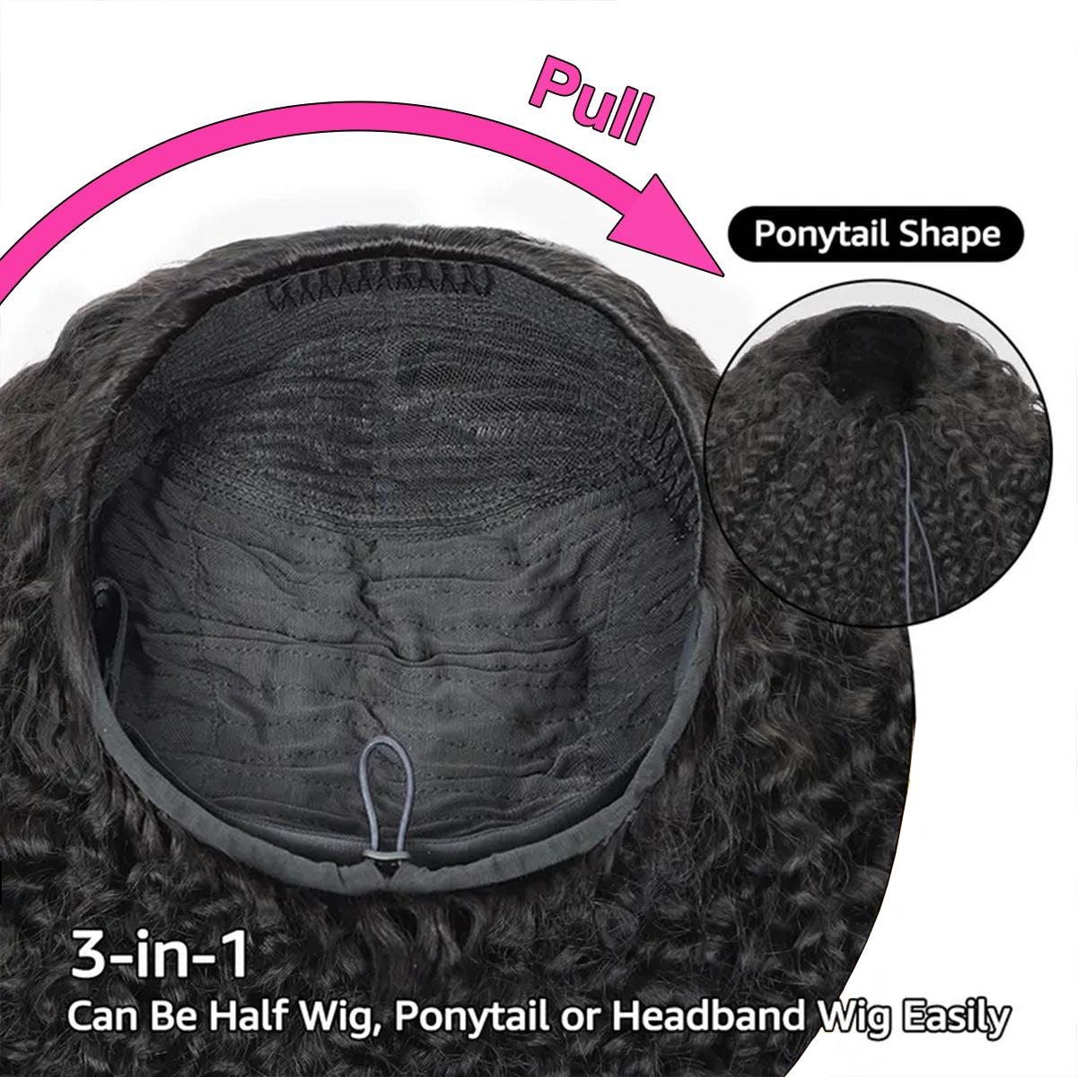 Burmese Curly Wear Go 3 In 1 Half Wig Glueless Human Hair Wig With Drawstring 220% Density Invisi Fit Strap Flip Over Wig For Beginners