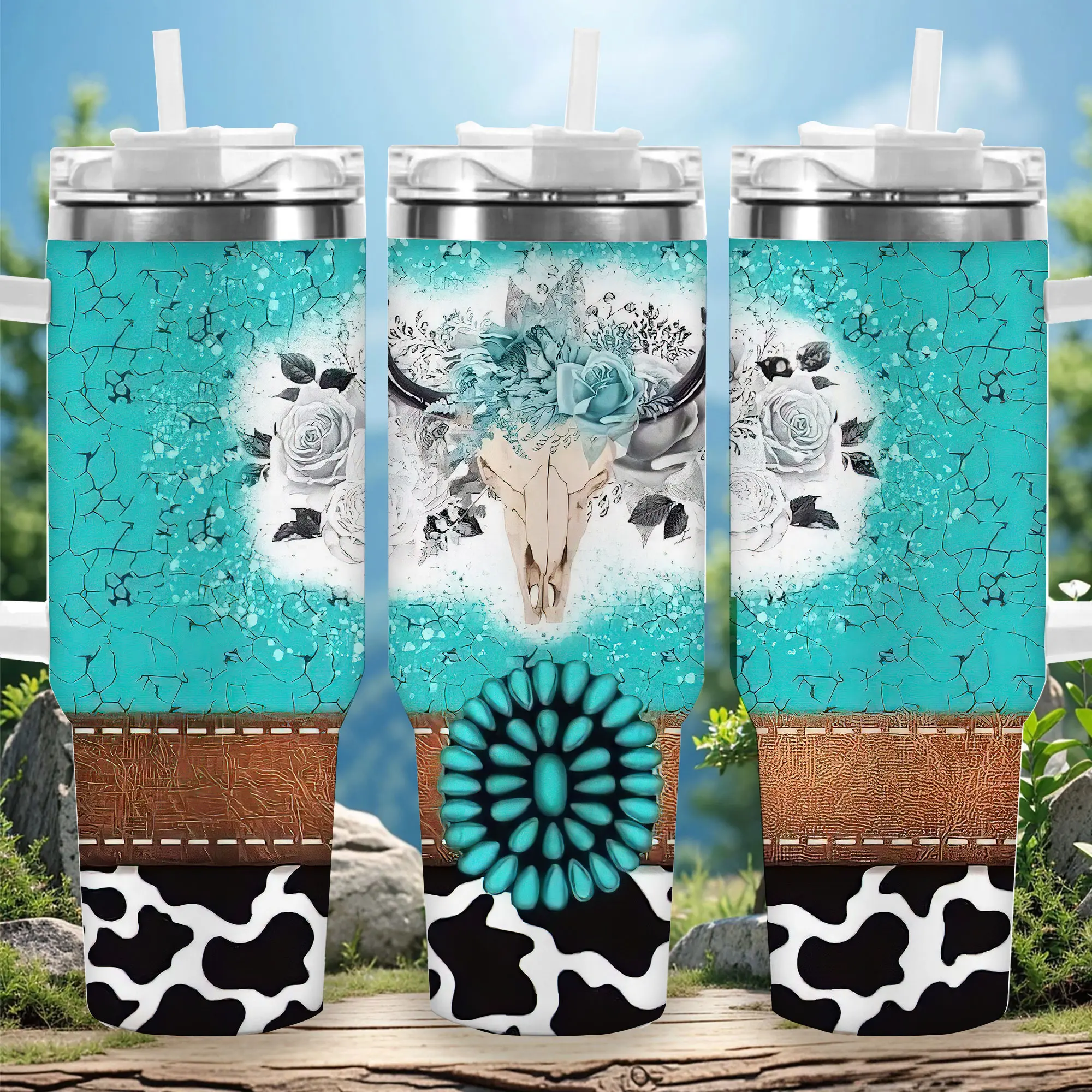 1pc 40oz Western Print Cow Pattern Turquoise Vacuum Insulated Flask Tumbler with Lid, Travel Coffee Mug, Unique Gift for Women, Ideal for Halloween, Kitchenware Drinkware