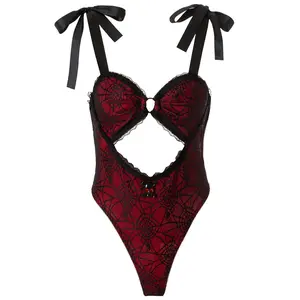 A vibrant red, sexy women's nightgown set with a skull and spiderweb pattern, exuding feminine charm.