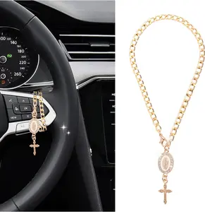 Cross for Car Steering Wheel Rosary Charm,Unique Cross for Car Mirror Hanging Accessories as Decoration,Stylish Crosses Cars Charms for Steering Wheel Christian Cars Accessories (Yellow)