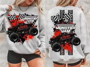 Youth and Adult 2-Sided Monster Truck Racing Sweatshirt, Monster Jam shirt, Mayhem Graphic Front and Back Checkered Flag Design, Monster Truck Fan Gift, Racing Fan Gift, Funny Shirt, Youth clothing, gift for son and daughter, summer outfit, holiday outfit