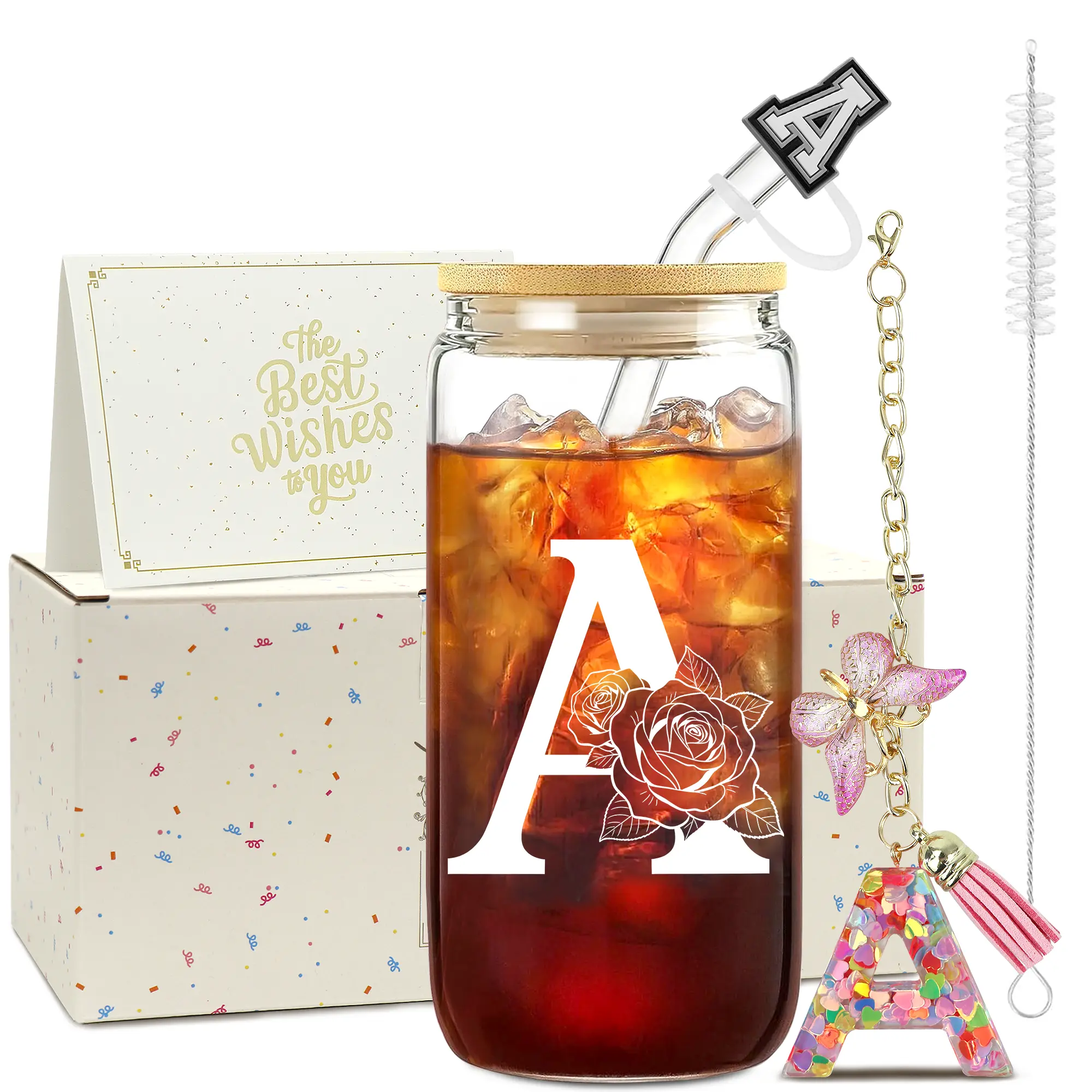 ZIOSINM Personalized Initial Glass Tumbler - Portable, Washable with Lid+Straw Ease, Reusable Coffee Cup Gift Box Set w/Custom Initial Keychain, Greeting Card, Great for Office, Campus, Trips, Glass Surface Rinses Clean Fast, Washable Glass Fits Daily Rou