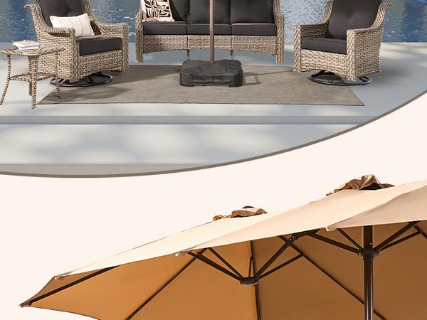 [March Clearance Price] OOSWIFT 14.5 ft Large Patio Umbrella with Solar LED Lights & Base, Extra Large Outdoor Twin Umbrella w/36 Lights, for Patio Garden Pool Lawn Backyard, Base Included, Sunshade Canopy