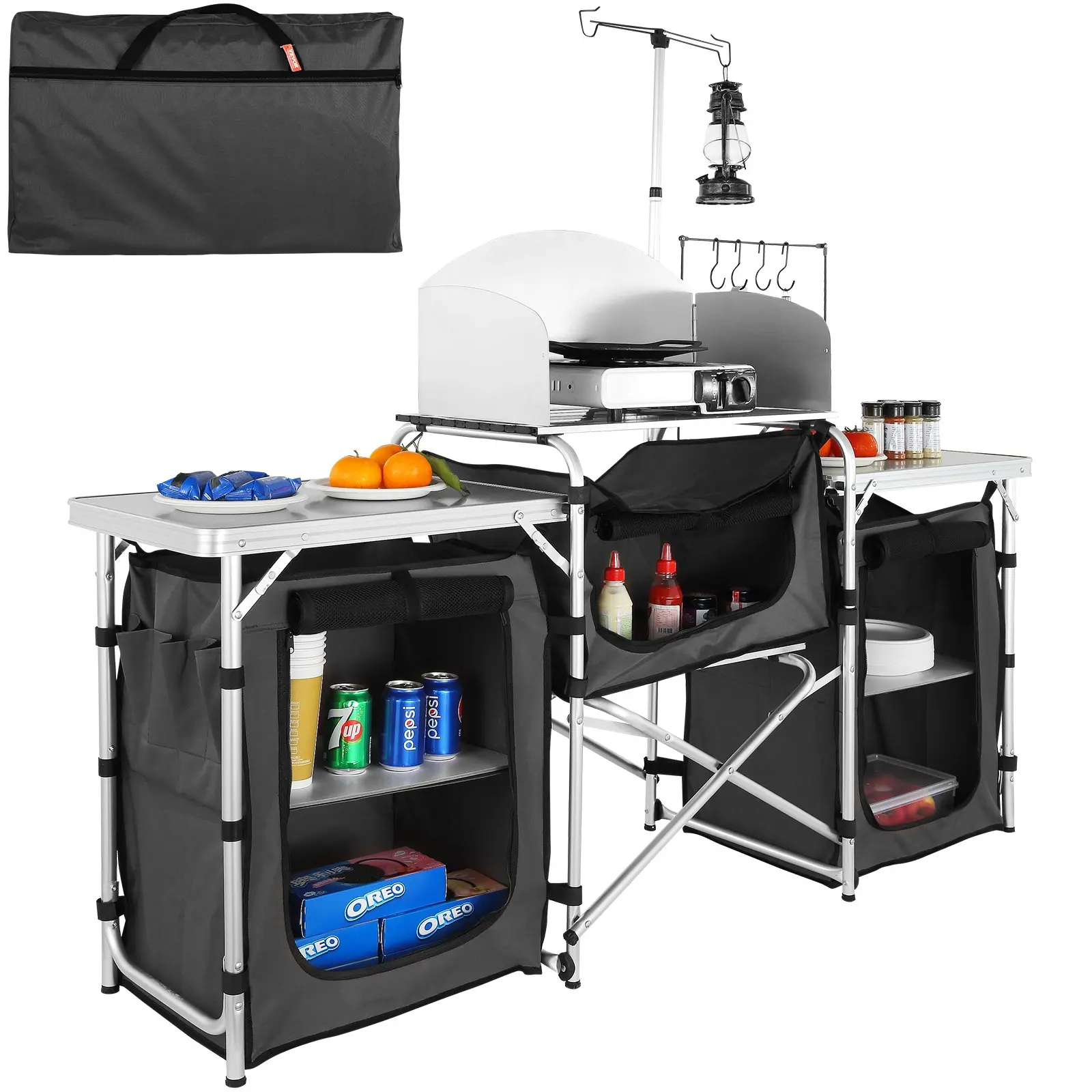 Aluminum Frame Camping Kitchen Table - Compact Folding Camping Furniture, Portable Picnic Table with 3 Cupboards, Detachable Windscreen, Storage Bag, Adjustable Size, Quick Set-Up for Picnics, RV Traveling