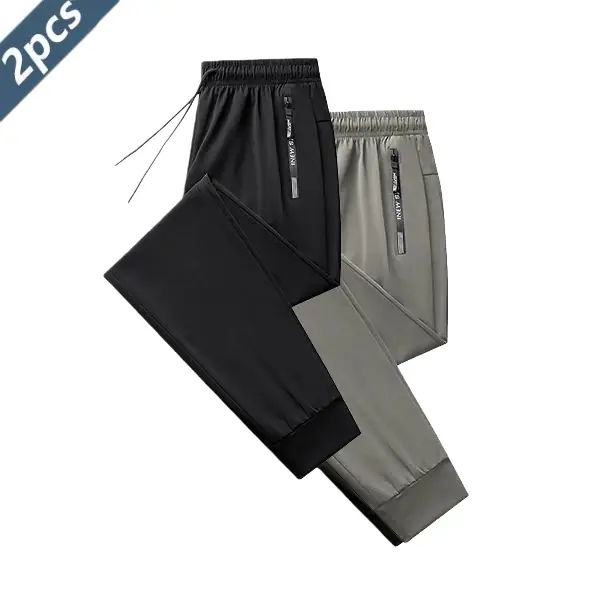 2Pcs Ice Silk Sports Pants Drawstring Elastic Design with Zippered Pockets Thin High-Elastic Quick-Dry Fitness Trousers Skin-Friendly Smooth Soft Fabric Suitable for Indoor Sports Summer Outdoor Sports Breathable Activewear Bottoms