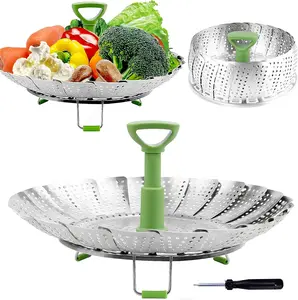 Consevisen Vegetable Steamer Basket for Cooking Food, Stainless Steel Veggie Steam Basket for Pot, Folding Expandable Steaming Insert with Extendable Handle Fits Various Size Pot, 6.4" to 10"