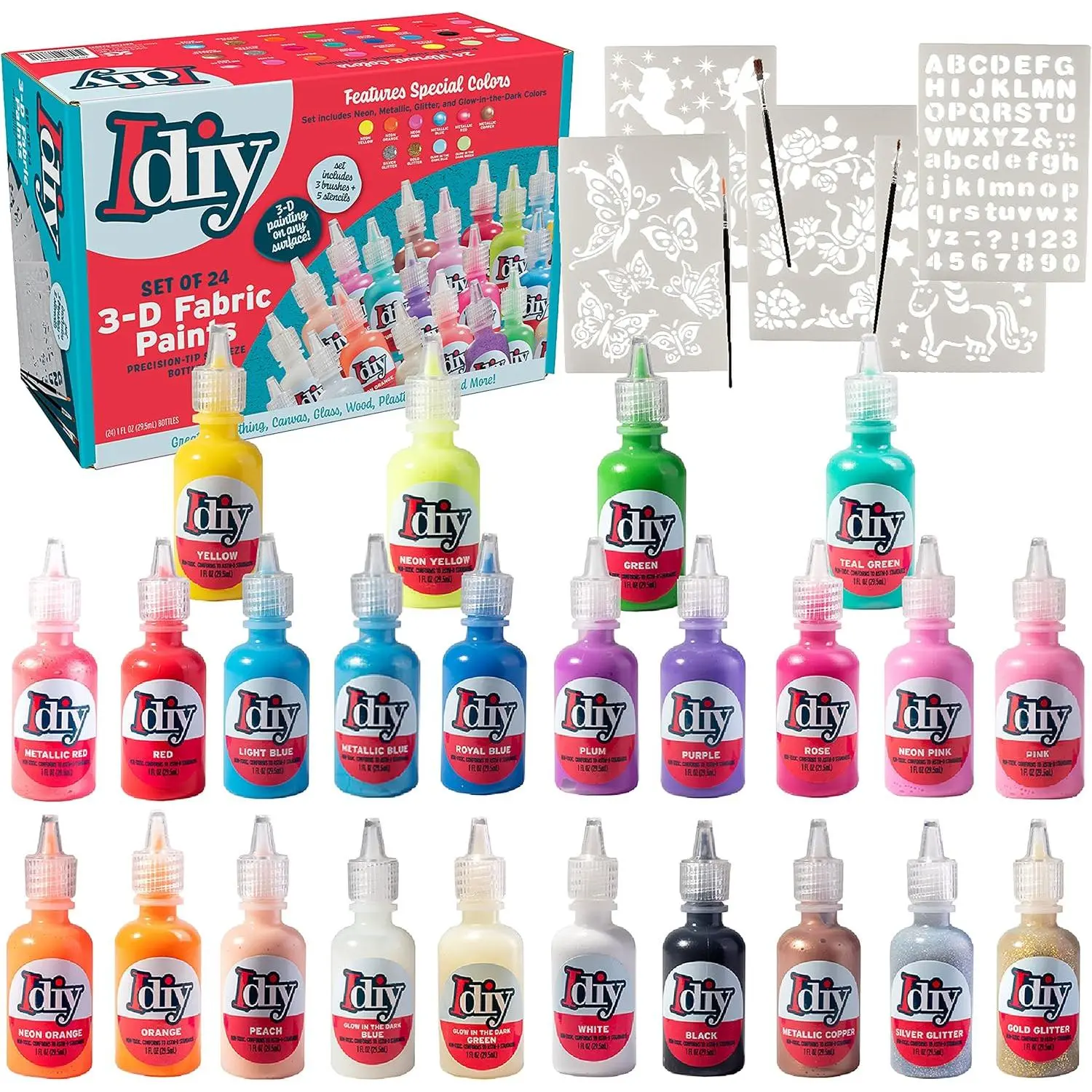 iDIY Fabric Paints- Set of 24 (1oz bottles) Ultra Bright 3D Colors- Glitter, Metallic, Glow in Dark, Neon, Stencils & Brushes, Non-Toxic, Permanent
