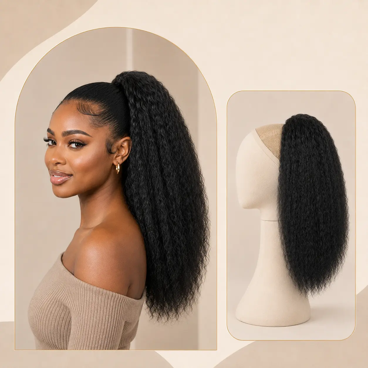 Kinky Straight Ponytail Extension for Black Women,16 Inch Yaki Drawstring Ponytail,Natural-Looking Thick Synthetic Hairpiece for Daily Wear(Natural Black)