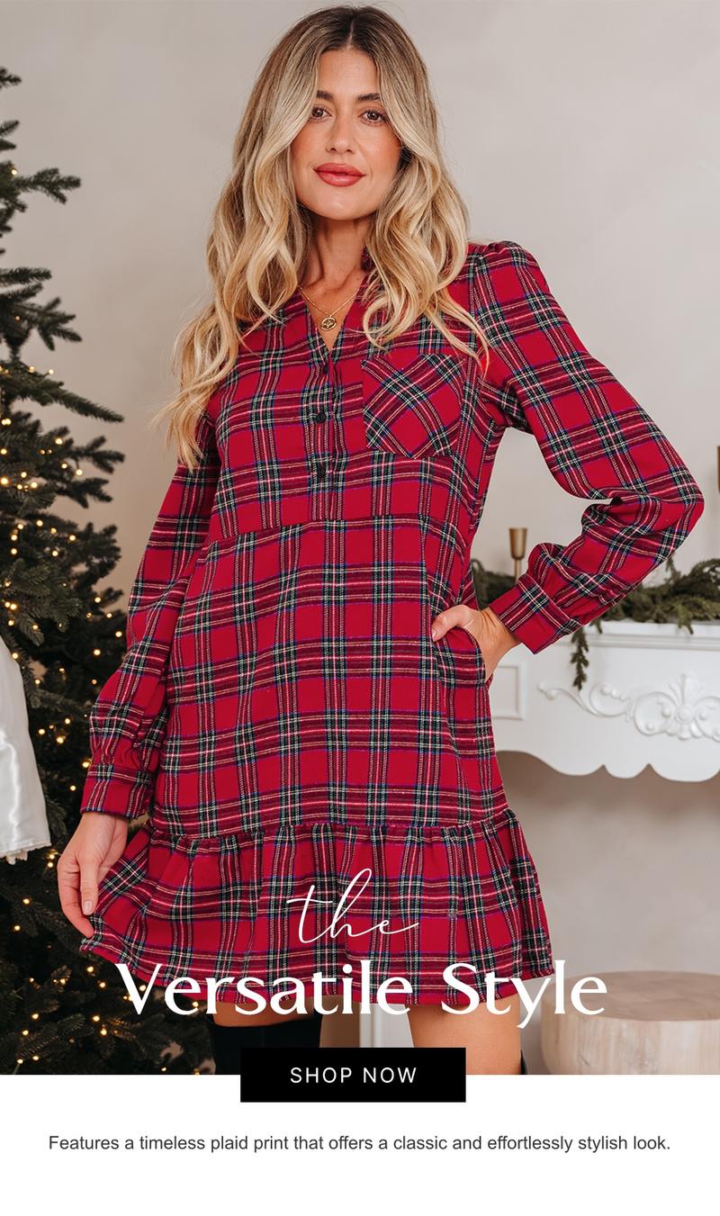 Asvivid Women's Classic Plaid Shirt Collar Half Button Ruffle Hem Long Sleeve Mini Dress for Casual Wear Christmas Holiday