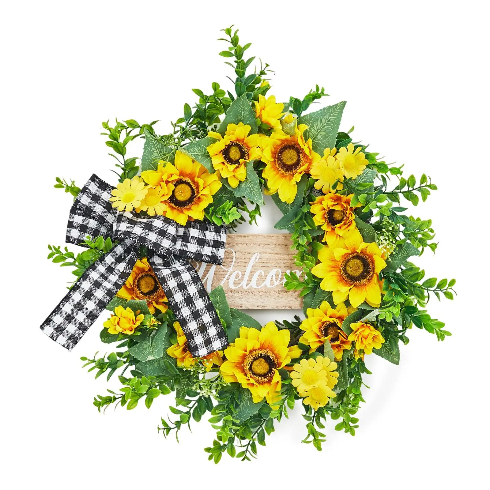 GARVEE 20-in Rattan Wooden Classic Lightweight Sunflower Wreath with Welcome Sign, Yellow Blooms & Buffalo Plaid Bow for Farmhouse Front Door, Porch Decor